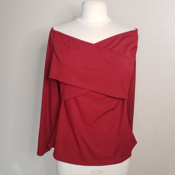 Women's Burgundy Criss Cross On Off Shoulder Top - Picture 1 of 8